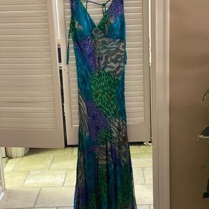 Long vibrant print long evening out dress.  Size 2.